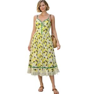 Vtg 90s Lemon Print Midi Dress 6 (XS) Cottage Picnic Fruit Mod Coquette Ruffle
